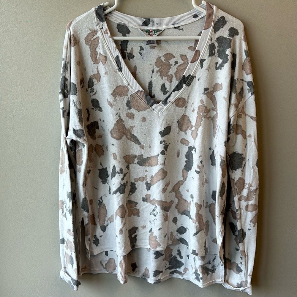 Hard Tail pullover tunic cream tie dye XS brown and grey vneck
